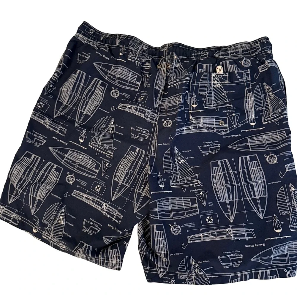 Lands End Men's Navy Sailing Blueprint Swim Trunks Size‎ XL